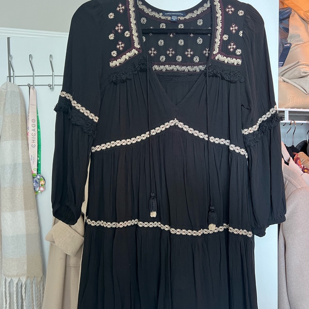 American Eagle Black Bohemian Dress with Embroidered Details